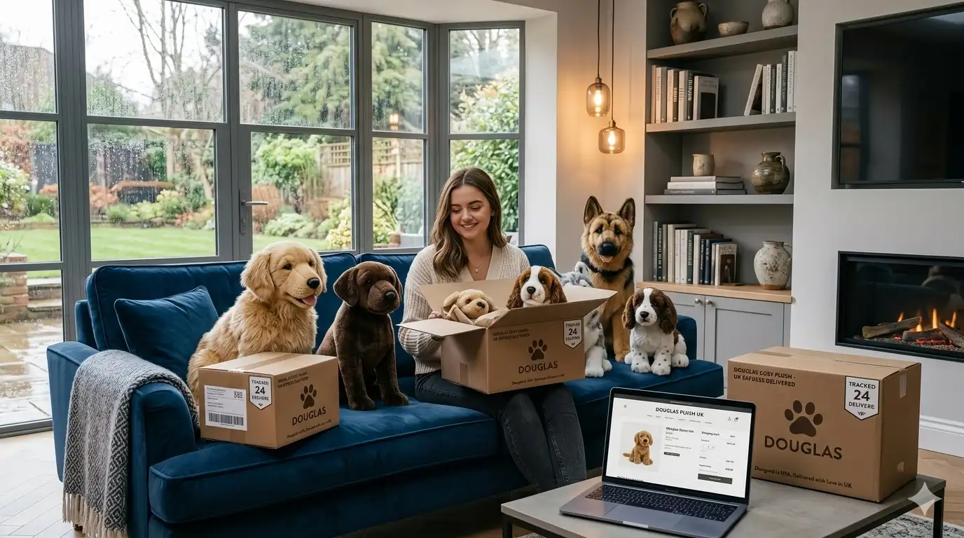 Douglas plush dogs available for UK delivery in a cosy home setting