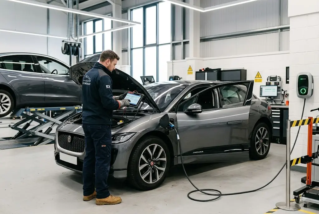 EV servicing inspection on a modern electric vehicle in a UK workshop