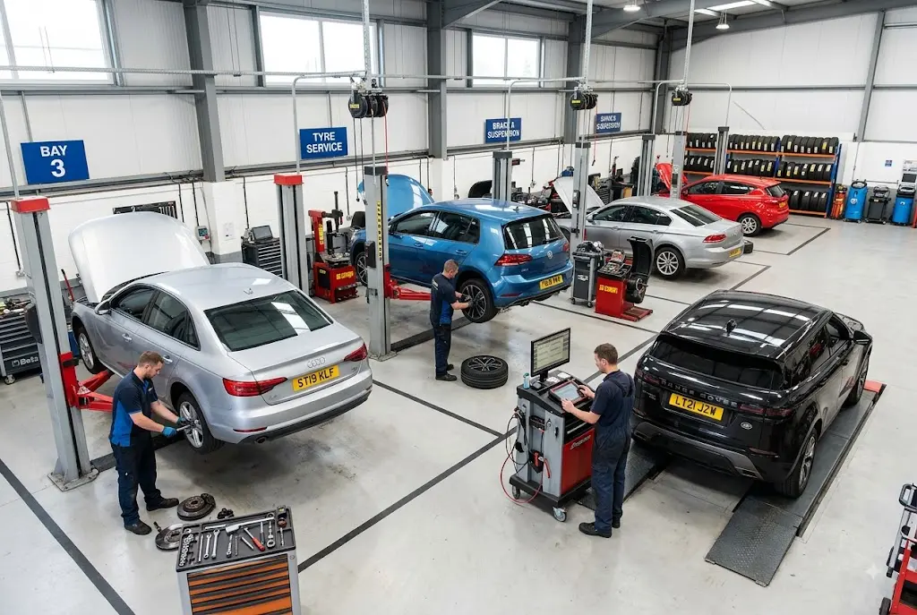 Garage chains providing professional automotive services in a UK workshop