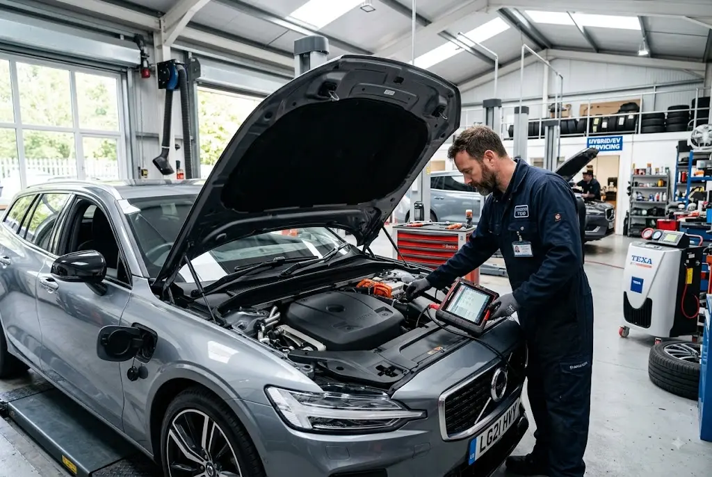 Hybrid servicing inspection on a modern hybrid vehicle in a UK workshop