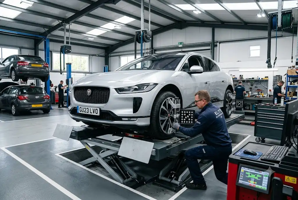 Wheel alignment inspection on a modern car in a UK automotive workshop