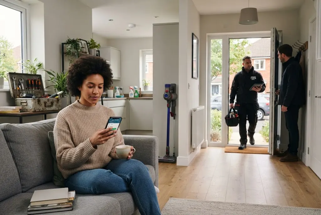 Homeowner using a smartphone to book home services online in the UK