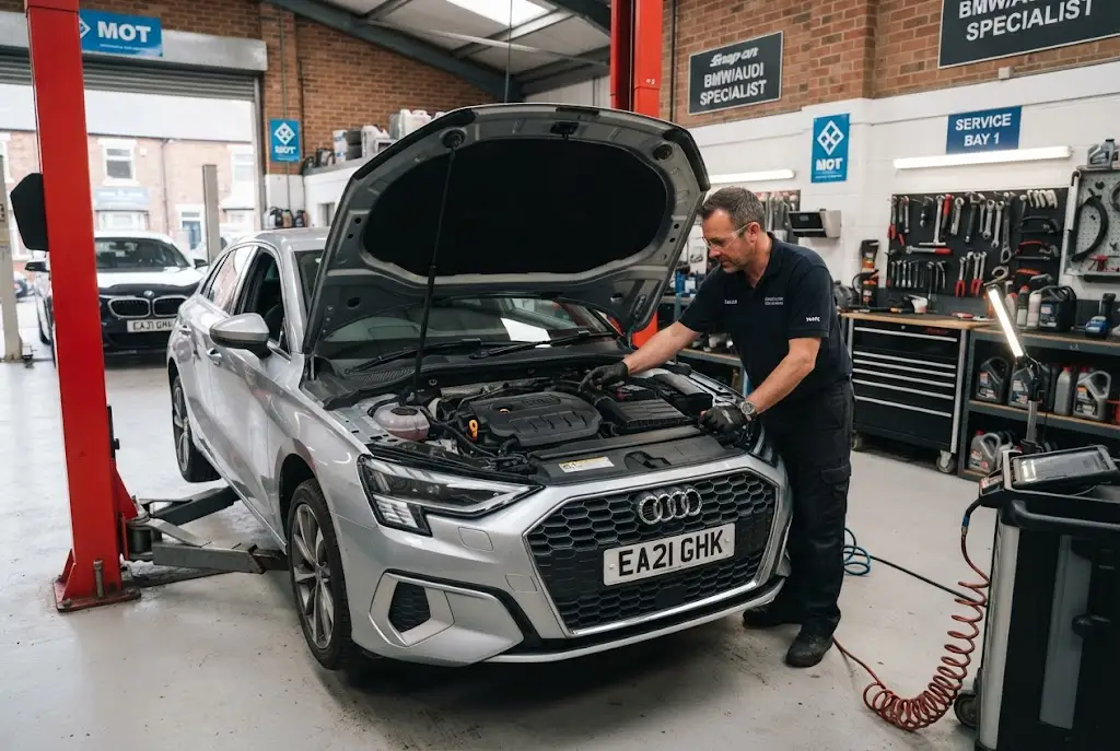 Professional mechanic carrying out car servicing in a UK garage