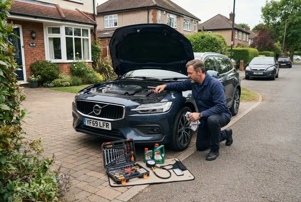 Vehicle maintenance checks being carried out on a UK car